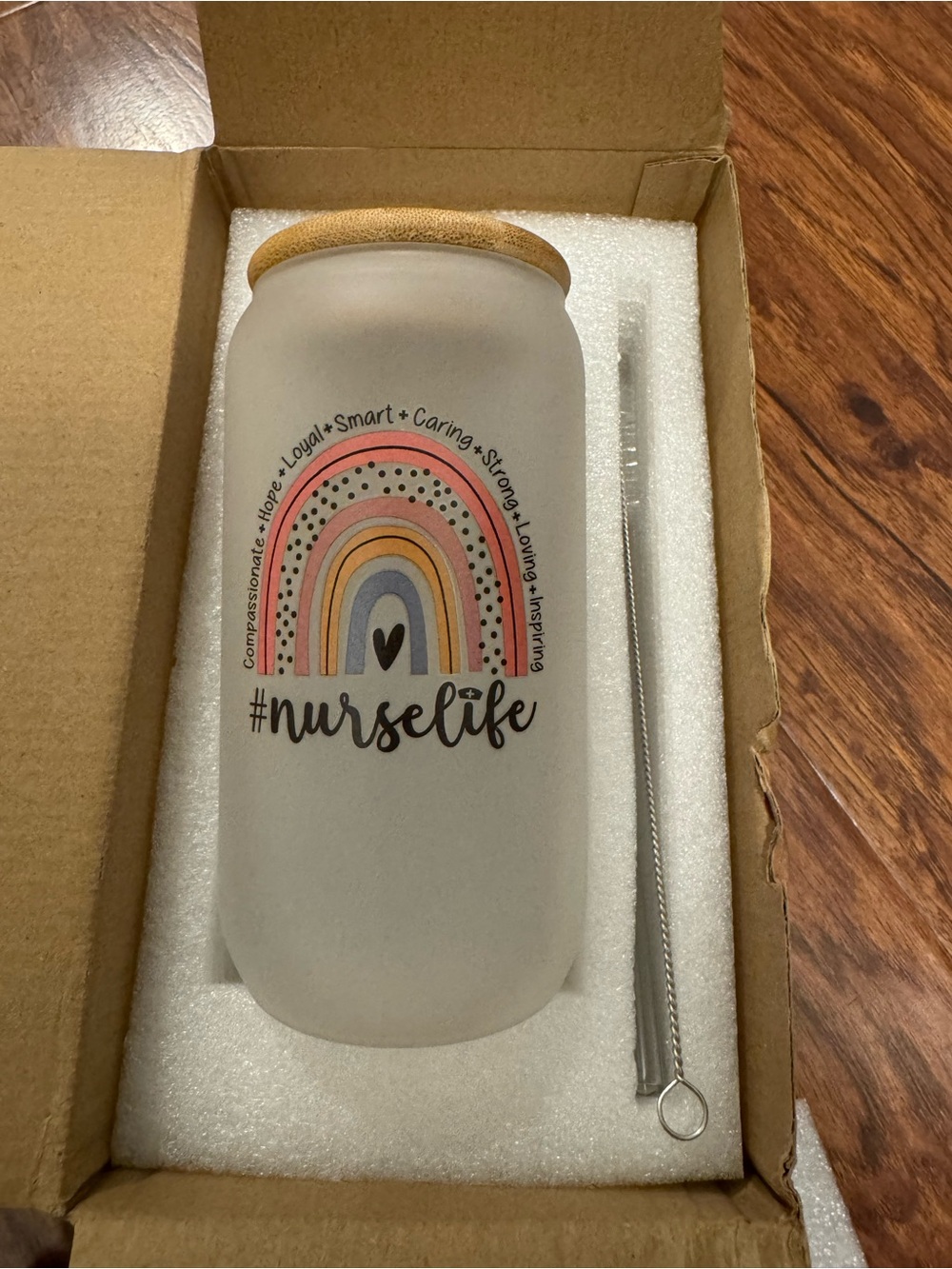 Frosted White #nurselife Travel Tumbler with Rainbow Design and Bamboo Lid